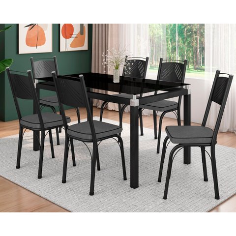 Conjunto De Mesa Tubular Malva Com 6 Cadeiras 151 Tampo De Vidro 140cm SF Preto Fosco Assento Andori