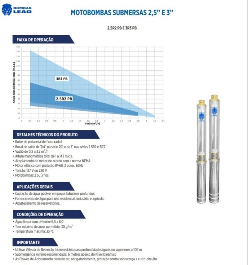 Bomba Leão (caneta) Submersa 3r3pb-09 180 0,5cv 2f Monofásico 220v Prata 220 (m) - 2