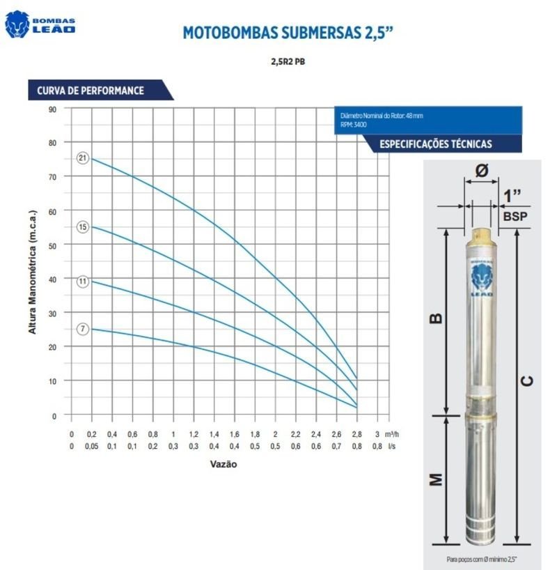 Bomba Leão (caneta) Submersa 3r3pb-09 180 0,5cv 2f Monofásico 220v Prata 220 (m) - 4