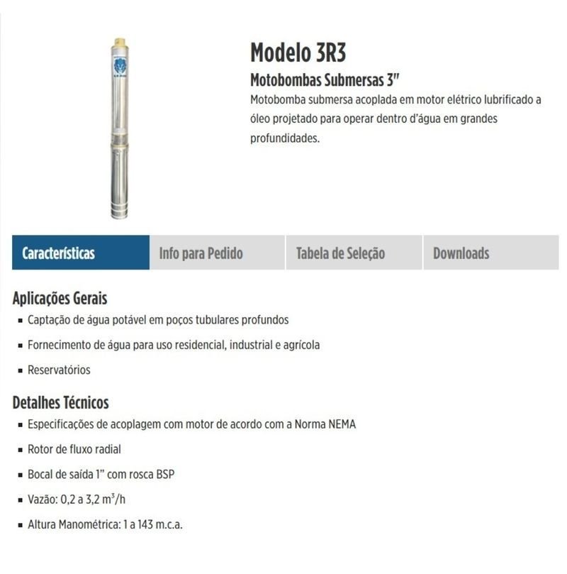Bomba Leão (caneta) Submersa 3r3pb-09 180 0,5cv 2f Monofásico 220v Prata 220 (m) - 3