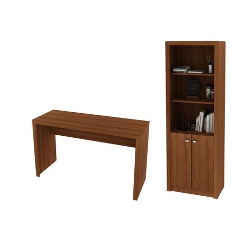 Escritório com Mesa para Computador Simples Gavetas com Armário Pareteleira 2 Portas Amendoa - Fdeco