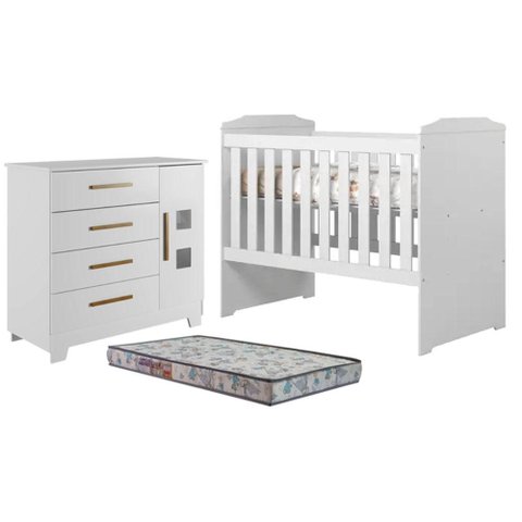Berço Americano Carinho com Cômoda Fly Branco Acetinado Colchão Americano Sleep - Tigus