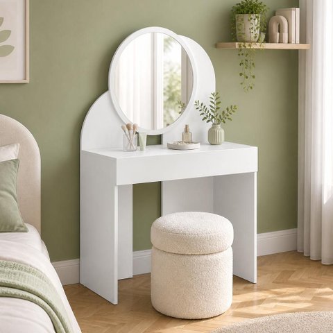 Penteadeira Camarim com Espelho Redondo 1 Gaveta 90cm Make B02 Branco - Lyam Decor