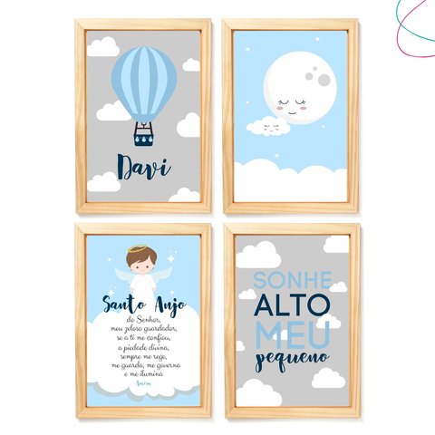 4 Quadros Decoração Quarto Menino Nuvem e Balão Santo Anjo:pinus