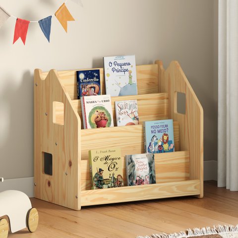 Porta Livros Madeira de Chão 4 Nichos Revisteiro Bruno Natural Idimex