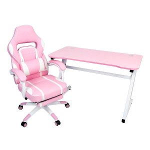 Conjunto Mesa Gamer Pelegrin Pel-008P Rosa e Cadeira Gamer Pelegrin Pel-3020 Rosa