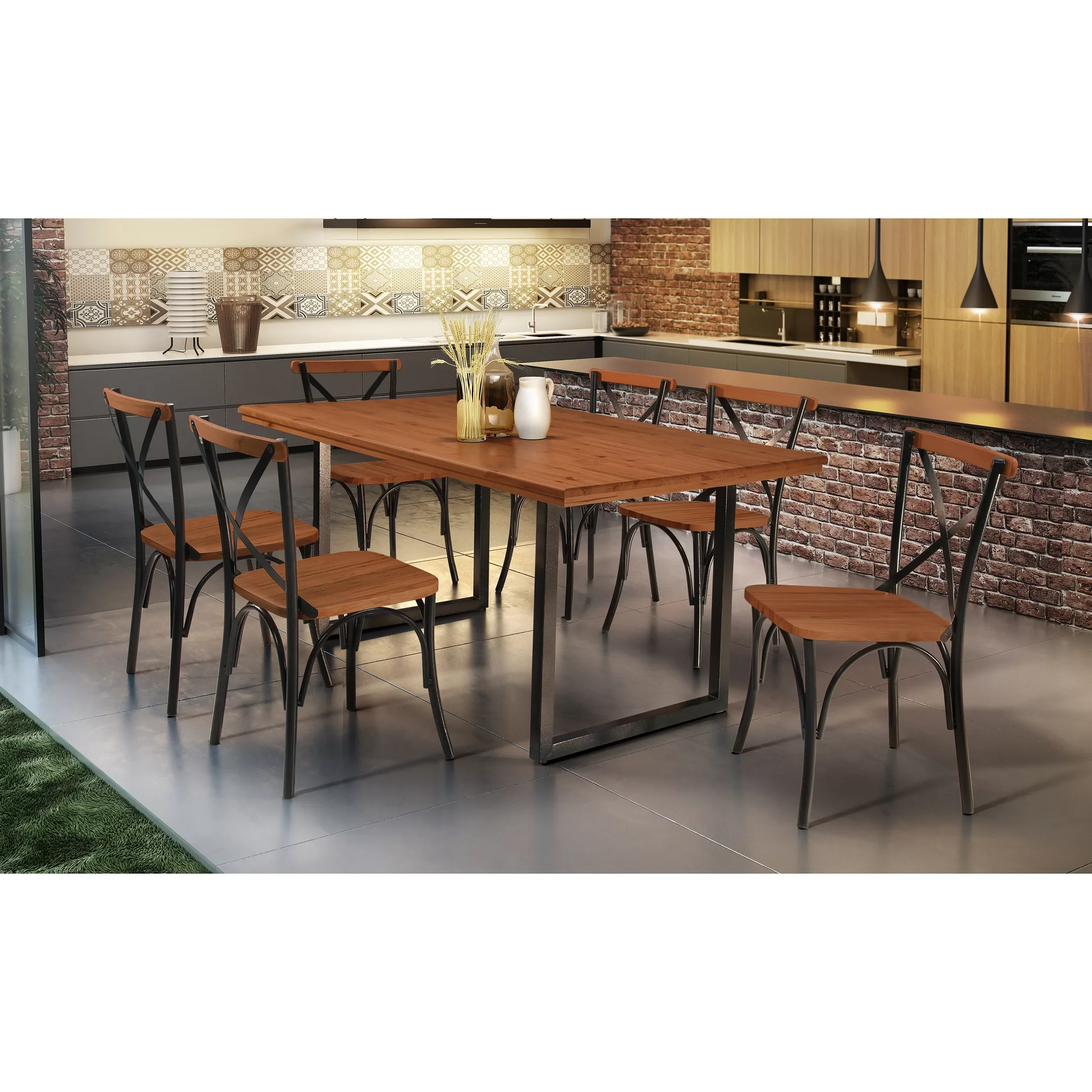 Conjunto Mesa com Vidro Pés Madeira Maciça 6 Cadeiras Madeira