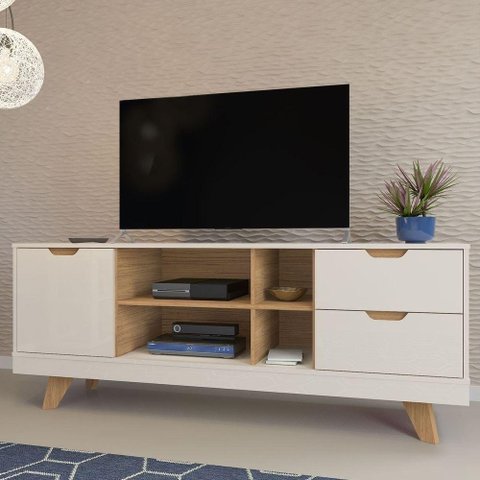 Rack Off White/carvalho Para Tv Até 60" 04 Portas 02 Gavetas