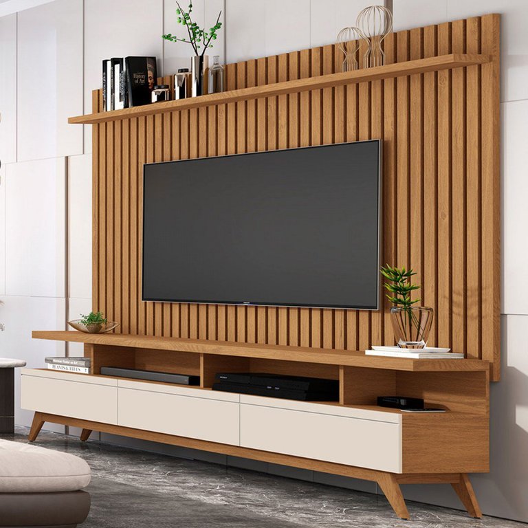 Rack com Painel para Tv até 72 Polegadas Vivare Wood Classic 3 Gavetas Off White/nature - Giga Móvei