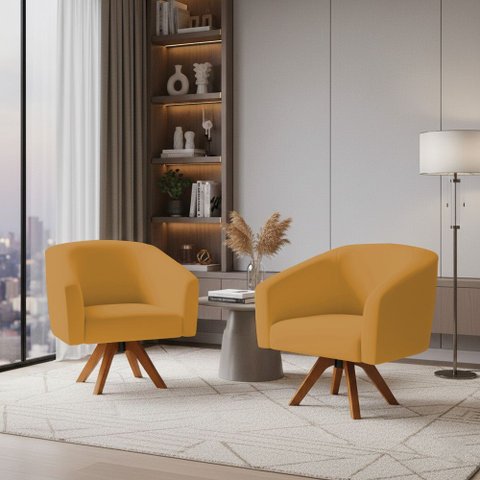 Poltrona Sala Decorativa Kit 2 Stella Base de Madeira Giratória Mm30 Veludo Mostarda D03 - D’Rossi