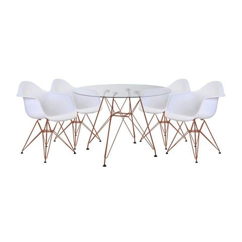 Conjunto Jantar Mesa Redonda Vidro 90Cm Com 4 Poltronas Brancas Ferro Cobre Cor: Preto