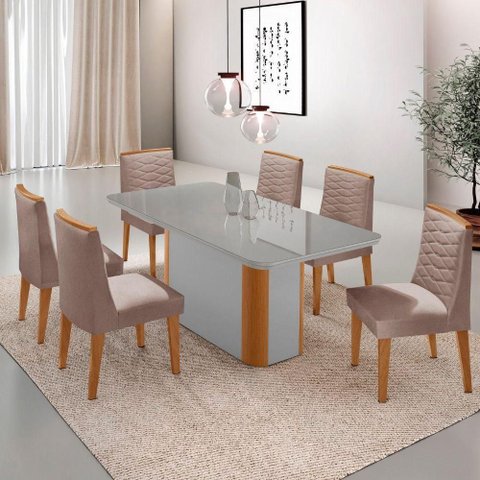 Mesa de Jantar Isadora 180cm Tampo MDF Vidro com 6 Cadeiras Linho Capuccino Off Naturale Serigrafia