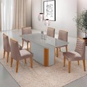 Ver imagem 1 de Mesa de Jantar Isadora 180cm Tampo MDF Vidro com 6 Cadeiras Linho Capuccino Off Naturale Serigrafia
