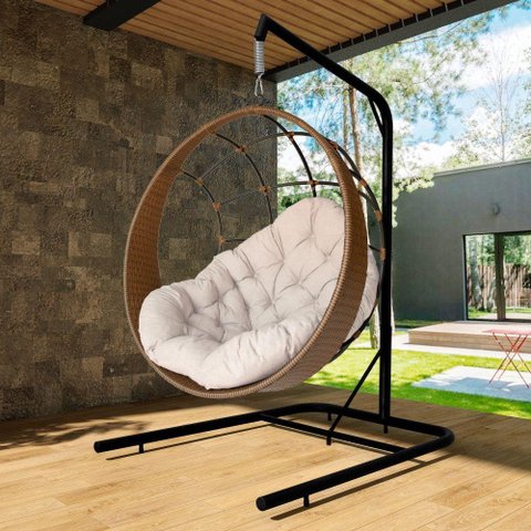 Cadeira Balanço Ninho Suspenso com Suporte e Almofada Argila-branco