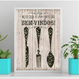 Quadro Cozinha Amigos São Bem Vindos 45x34cm - com vidro:Madeira branca - 2