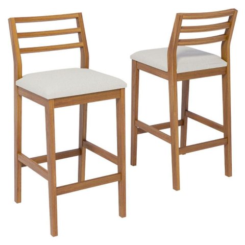 Kit 2 Banquetas Alta com Encosto Oliva Madeira Maciça Tauari Linho Cru Natuem