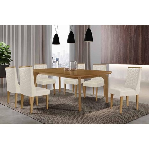 Conjunto: Mesa Sala Jantar Londrina c/ Tampo Madeirado Canto Curvo 180x90cm e 6 Cadeiras Dafne