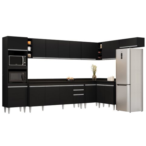 Armário de Cozinha Modulada de Canto 9 Peças CP05 Balcão com Tampo Preto - Lumil Lumil Móveis