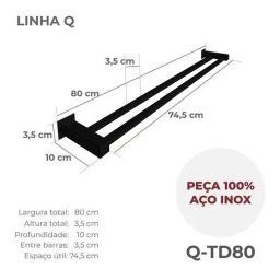 Porta Toalha Duplo Banheiro 80cm Aço Inox 304 Preto Fosco - 4