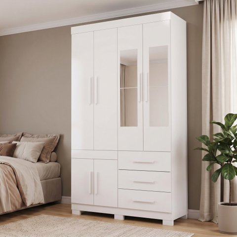Guarda-Roupa Solteiro 6 Portas, 3 Gavetas, Pés e Espelho MDF Safira Plus Branco