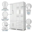 Ver imagem 4 de Guarda-Roupa Solteiro 6 Portas, 3 Gavetas, Pés e Espelho MDF Safira Plus Branco
