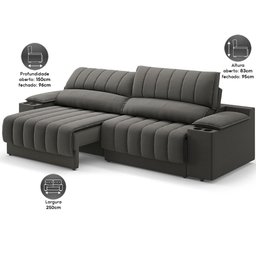 Sofá com Porta Copos Carregador Usb Ret Rec Murano 2,50m Velosuede - Netsofas - Chumbo - 2