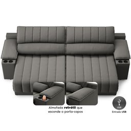 Sofá com Porta Copos Carregador Usb Ret Rec Murano 2,50m Velosuede - Netsofas - Chumbo - 4