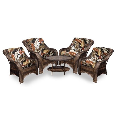 Conjunto de Poltronas Fibra Sintética Melo - 4 Poltronas + 1 Mesa Centro - Tecido Revieira Marrom