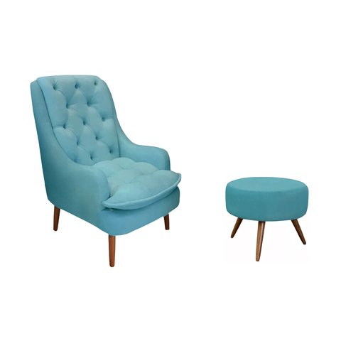 Kit Poltrona Lille e Puff Suede Azul Turquesa - Dominic Decor