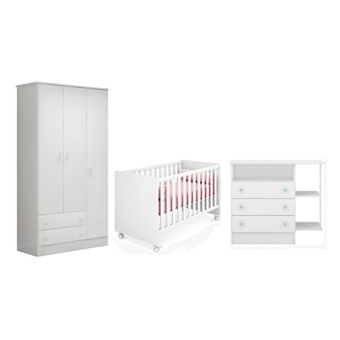 Quarto Infantil Guarda Roupa, Berço e Cômoda Branco