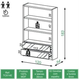 Estante de Livros Clássico MDF 120cmx183cm 3 Prateleiras 2 Gavetas Espelhadas Dalla Costa - 3 Estante de Livros Clássico MDF 120cmx183cm 3 Prateleiras 2 Gavetas Espelhadas Dalla Costa - 3