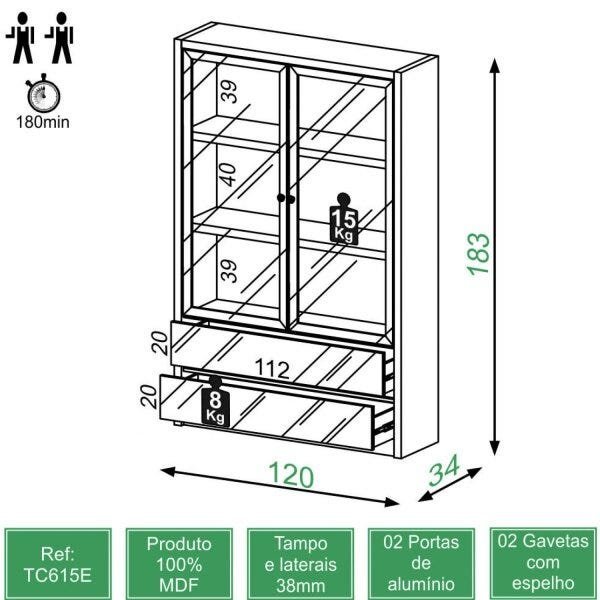 Estante para Livros 2 Portas de Vidro 2 Prateleiras 2 Gavetas Espelhadas 120cm Clássico Dalla Costa - 3