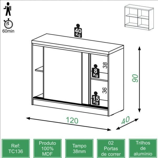 Balcão para Escritório 2 Portas de Correr 1 Prateleira 120cm Dalla