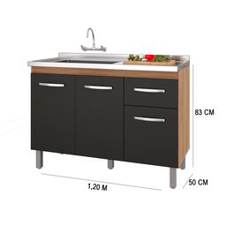 Balcão para Pia de Cozinha Anita 120cm com 3 Portas e 1 Gaveta Savana/preto A21 – Moblis - 3