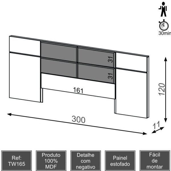 Cabeceira Estofada para Cama de Casal em MDF 300cm Dalla Costa - 3