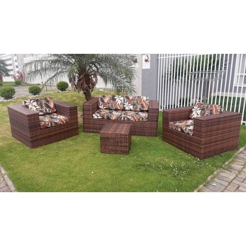 Conjunto de Sofá Fibra Sintética Quadrado Aço - 1 Sofá 2 Lugares + 2 Poltronas + 1 Mesa Centro - Tec