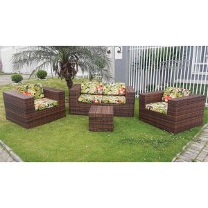 Conjunto de Sofá Fibra Sintética Quadrado Aço - 1 Sofá 2 Lugares + 2 Poltronas + 1 Mesa Centro - Tec