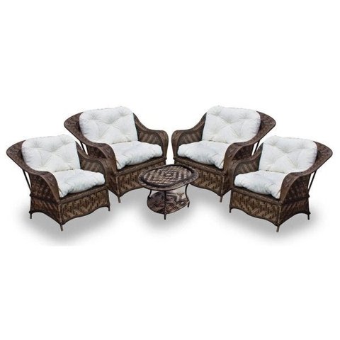 Conjunto de Poltronas Fibra Sintética Naja - 4 Poltronas + 1 Mesa Centro - Tecido Duna Cru