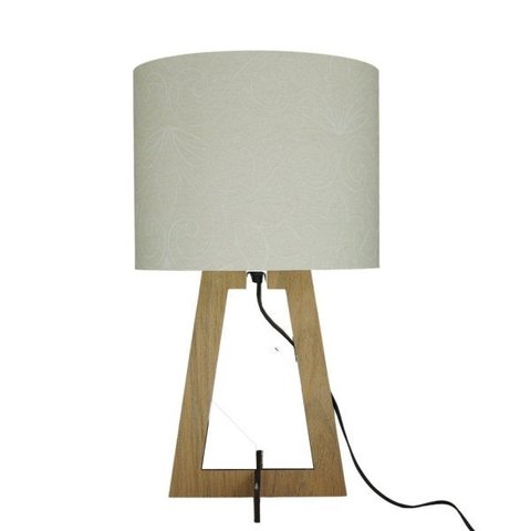 Abajur de Mesa em Madeira Marrom e Cúpula Revestida Tecido Arabescos Bege Bivolt