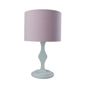Abajur Base Madeira Branca e Cúpula Redonda Tecido Rosa Bebê Bivolt