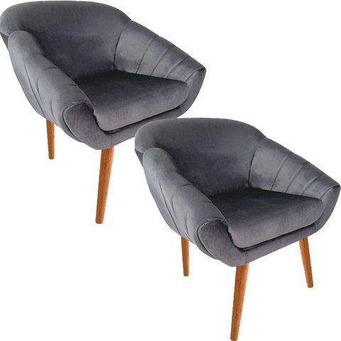 Kit Duas Poltronas Giovana em Sued Premium: Cinza Pés Madeira Claro