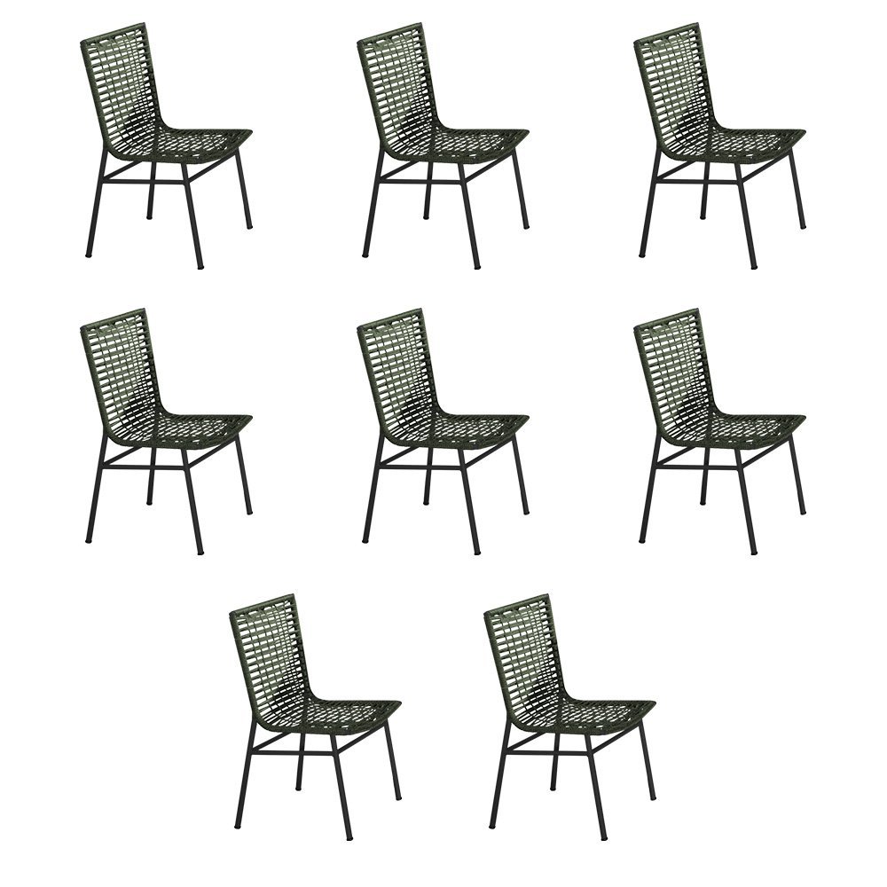 Kit 8 Cadeiras em Corda Náutica Verde e Alumínio Preto Veneza para Área Externa