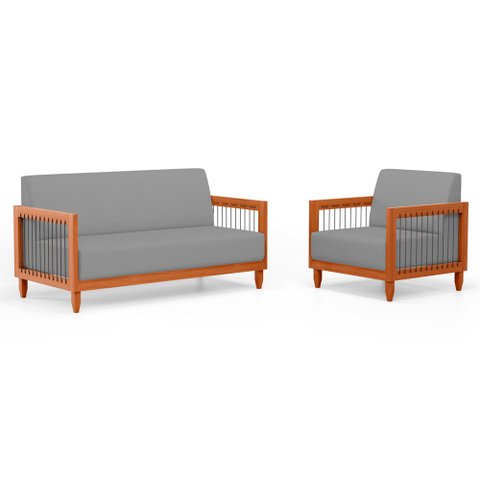 Kit Poltrona e Sofá Varanda Samoa Madeira Maciça com Cordas Náutica Linho Cinza - Desk Design