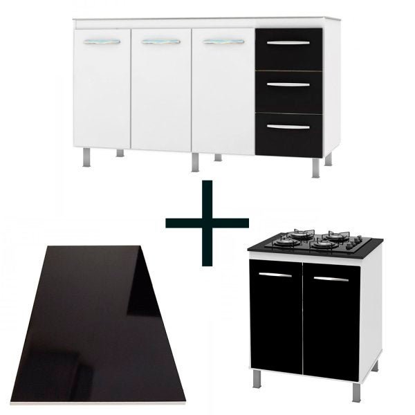 Kit Balcão Bia 138cm Branco/Preto + Tampo Preto + Balcão