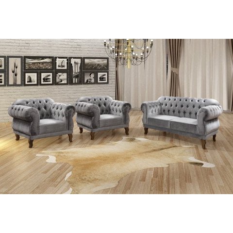 Conjunto 2 Poltronas e Namoradeira 2 Lugares Elisabeth Cinza