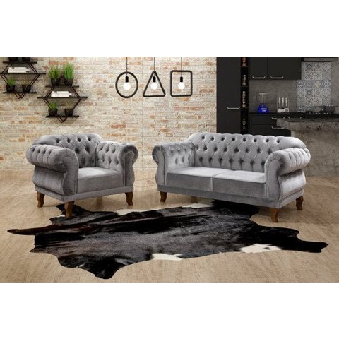 Conjunto 1 Poltrona e Namoradeira 2 Lugares Chesterfield Elisabeth Cinza