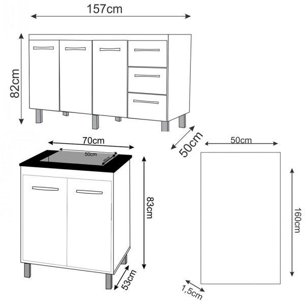 Kit Balcão Gabinete 160cm Angelis Branco Portas Pretas + Tampo Preto + Balcão para Cooktop 4 Bc Bran - 2