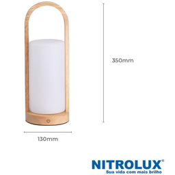 Luminária Abajur Led Detalhe em Madeira Touch Recarregável Mesa Cabeceira Quarto Sala 5w 2700k - 2