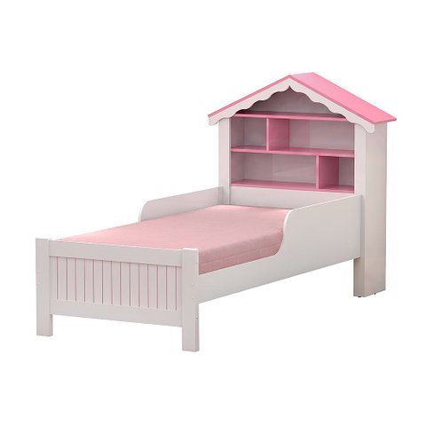 Cama Solteiro Infantil Tema Princesa com Estante Nichos na Cabeceira e Grade Lateral Segurança Extra