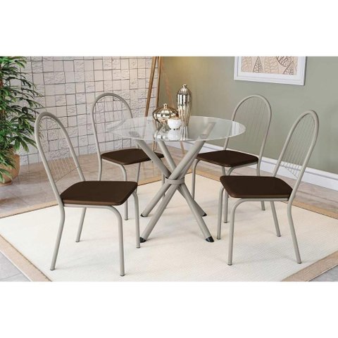 Conjunto: Mesa Sala Jantar Volga C/ Tampo de Vidro 95cm e 4 Cadeiras Noruega Niquel - Courano Marrom